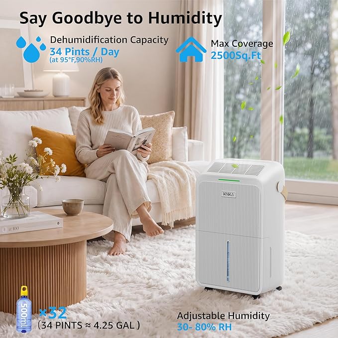 KNKA 2500 Sq.Ft Dehumidifier for Basement with Drain Hose Max 34 Pints, Dehumidifiers for Home, Bedroom, Bathroom, Large Room, Three Modes, Intelligent Humidity Control, Dry Clothes, 24HR Timer