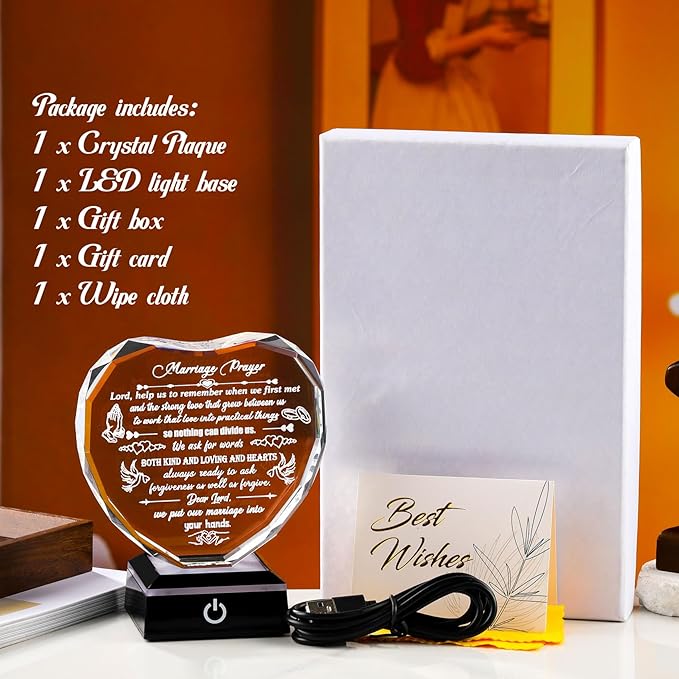 Crystal Marriage Prayer Gifts for Couple Heart-shaped Wedding Keepsake with LED Base for Her Him Romantic Anniversary Plaque for Wife Husband on Valentine's Day Birthday Wedding Engagement