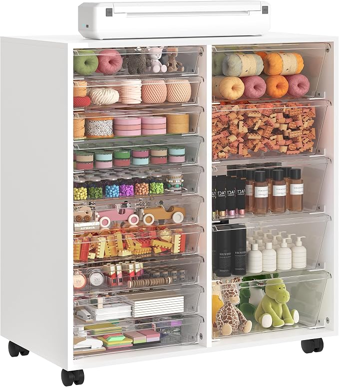 WOPITUES Mobile Storage Cabinet with 15 Clear Drawers, Craft Cabinet with 5 Large Drawers, Cart with Wooden Tabletop, Printer Stand Home Office, Dresser Chest, Modern White