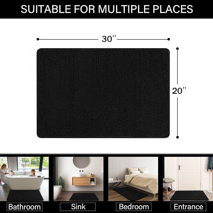 LOCHAS Luxury Bathroom Rug Shaggy Bath Mat 20 x 30 Inch, Black | Washable Non Slip Bath Rugs for Bathroom Shower, Soft Plush Chenille Absorbent Carpets
