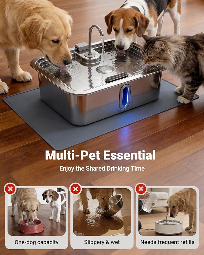 12L/3.17Gal Dog Water Fountain with Silicone Mat & 3 Filters, Stainless Steel Multi Pet Water Dispenser, Quiet Automatic Dog Water Bowl Dispenser with Visible Window & Alert Light for Large Dogs Cats