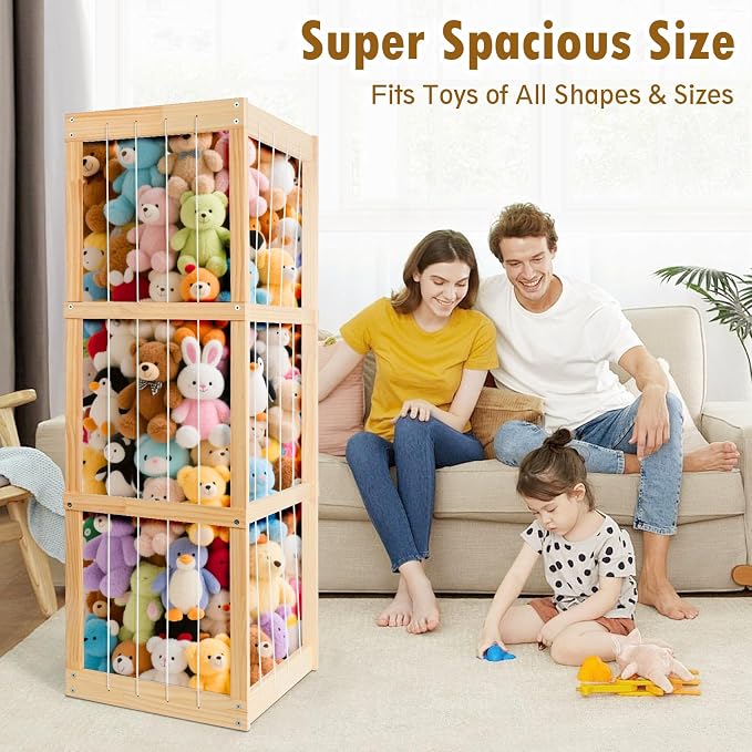 Stuffed Animal Storage – Large Capacity Toy Organizers for Kids | Wooden Stuffed Animal Holder with Elastic Zoo Bars | Plushies Storage Toy Chest for Nursery, Playroom, or Bedroom
