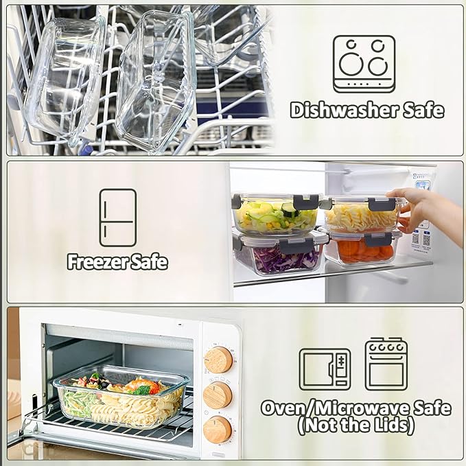 M MCIRCO 8 Pack,30 oz Glass Food Storage Containers with Lids, Gray | Glass Meal Prep Containers,Airtight Lunch Containers with Lids, Microwave, Oven, Freezer and Dishwasher Friendly, BPA Free