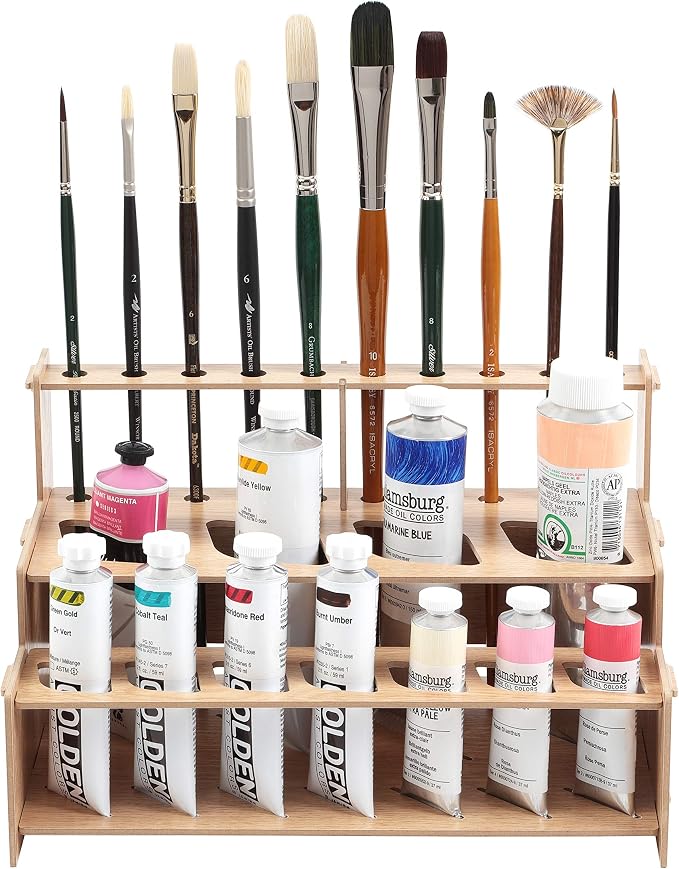 HG Art Concepts Mezzo Artist Paint and Brush Racks - Wood Grain Laminate Multi Layer Desk Stand Professional Storage Display Organizer for Paintbrushes and Tubes - Straight Rack 1, 3 Pack