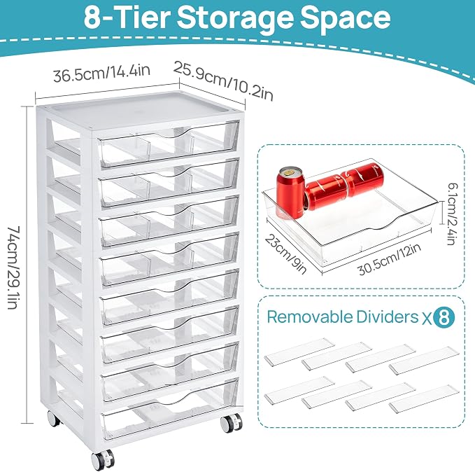 Vtopmart 8 Tier Rolling Cart with Drawers, Clear Plastic Drawers with Removable Dividers for Art &Office Supplies, Beauty Products, Toy, Under Desk Storage for Craft Room, Classroom