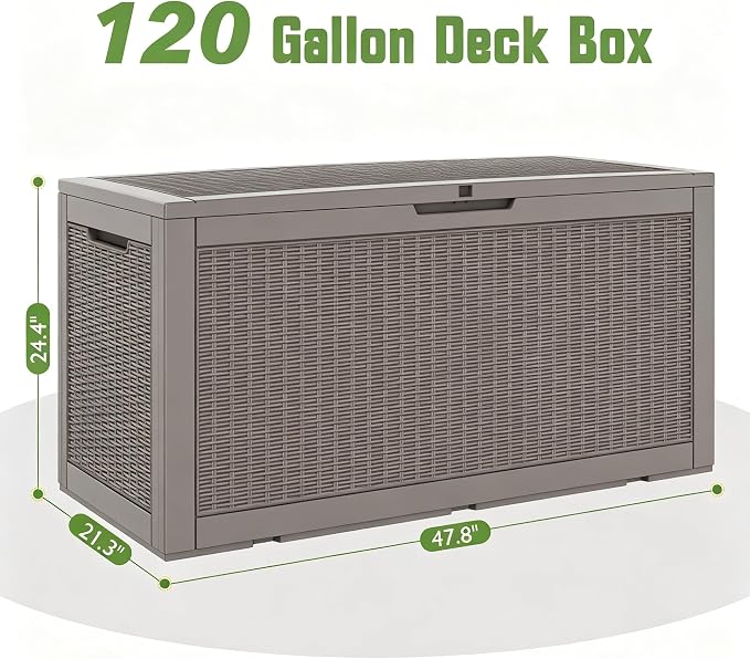 120 Gallon Waterproof Large Resin Deck Box, Lockable Large Outdoor Storage Boxes Indoor Outdoor Storage Container for Patio Cushions, Gardening Tools, Pool Supplies, Grey