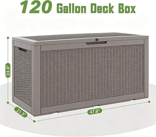 120 Gallon Waterproof Large Resin Deck Box, Lockable Large Outdoor Storage Boxes Indoor Outdoor Storage Container for Patio Cushions, Gardening Tools, Pool Supplies, Grey