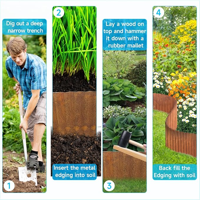 MTART Metal Garden Edging for Landscaping, Sturdy Corrugated Edging Border for DIY Flower Bed, Lawn and Landscape Edging (Rusty, 6"×50Ft)