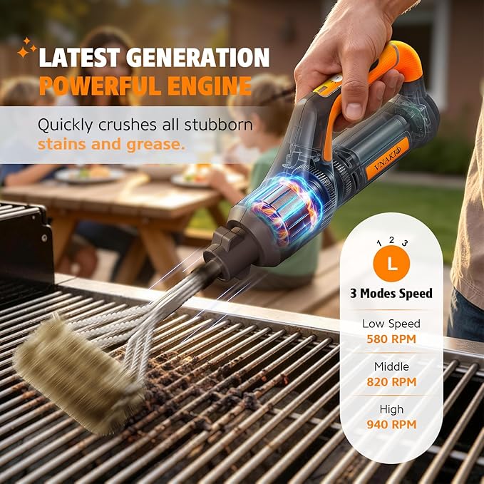 Electric Grill Brush BBQ Cleaner - Grill Cleaner, Grill Brush for Outdoor Grill, BBQ Grill Brush, 940 RPM Electric Grill Cleaner, 3 Speed Modes, Compatible with Weber, Char-Broil, Traeger & More