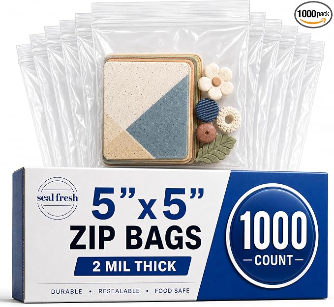 Seal Fresh 5 x 5 Inch Resealable Plastic Bags 1000 Pack — Clear Reclosable Snack Bags with Zipper Seal Top for Treats, Crafts, Small Parts, Storage
