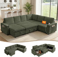 106 in L-Shaped Sectional Sleeper Sofa Couch for Living Room, Green | Pull Out Bed, 7 Seat Modular Design, Hidden Storage Space, USB Charging, Cup Holders, Soft Corduroy Fabric, Easy Assembly