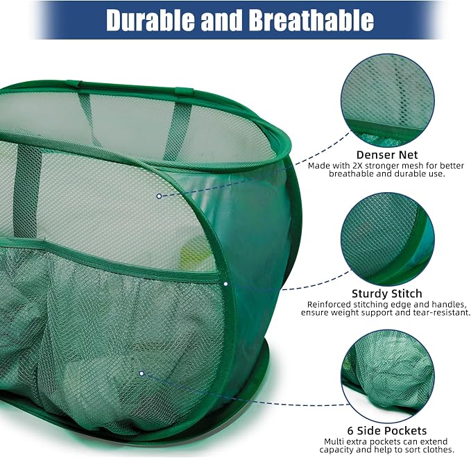 Collapsible Laundry Baskets, Upgrade Pop Up Laundry Hamper with Convenient Bags, Foldable Laundry Basket Mesh Light Weight, Easy to Carry Clothes Hampers for Laundry, Dorm, Toys, Travel Green