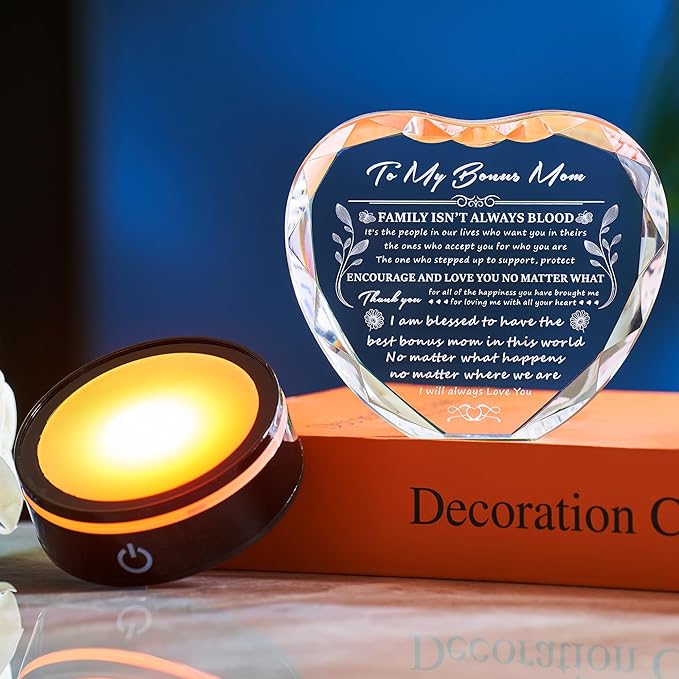 Bonus Mom Gift Ideas from Daughter Son, Gifts for Bonus Mom, Gifts for Step Mom for Valentines Birthday Mothers Day Christmas, Crystal Keepsake with Light Base