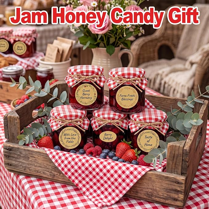Blushtier 30 Sets 8 oz Mini Yogurt Jars Glass Mason Jar with Lids Red Plaid Muslin Cloth Cover Decorative Jute Rope Brush Glass Bottle for Jam Honey Candy Gift Wedding Favors Birthday Party Decor