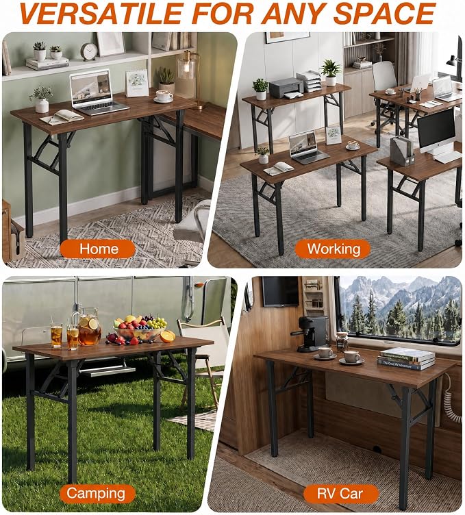XBurmo Folding Desk Foldable Table, No Assembly 43.3" Foldable Desk Space-Saving Workstation for Small Space, Computer Table, Flat Storage for Home Office, Bedroom, Dorm, Study Room, Dark Walnut