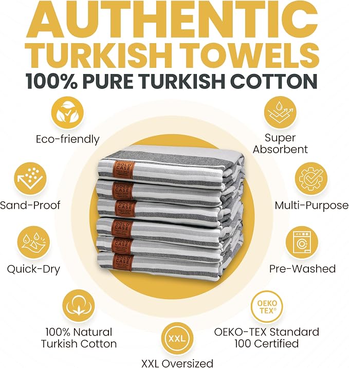 Gold CASE Turkish Beach Towel Set of 6 – 100% Cotton Large Turkish Bath Towels 70 x 38'' – OLYMPOS Oversized, Quick Dry & Sand Free Beach Towel – Lightweight Towels Set - Black