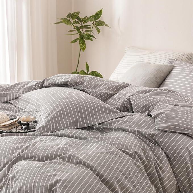 Stripe Duvet Cover Queen Size 90inch x 90inch, 100% Washed Cotton Linen Feel Pinstripe Duvet Cover with Zipper Closure and 2 Pillowcases, Color of Grey and White Stripe