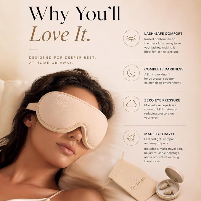 Anemone Contour Sleeping Mask for Women – Softer Than Silk Eye Masks for Sleep, Complete Blackout, Zero Eye Pressure Fit, Lightweight, Eye Care, Travel Essentials Included