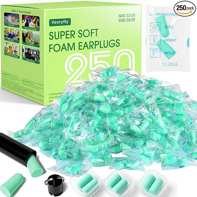 250 Pairs Foam Ear Plugs Bulk Individually Wrapped 32dB - Ear Plug Noise Reduction Safety Soft Earplugs for Construction Sleeping Shooting Industrial Work Use