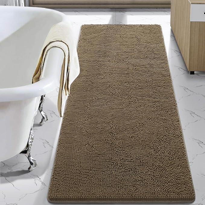 LOCHAS Luxury Bathroom Rug Shaggy Bath Mat 24 x 60 Inch, Tan | Washable Non Slip Bath Rugs for Bathroom Shower, Soft Plush Chenille Absorbent Carpets
