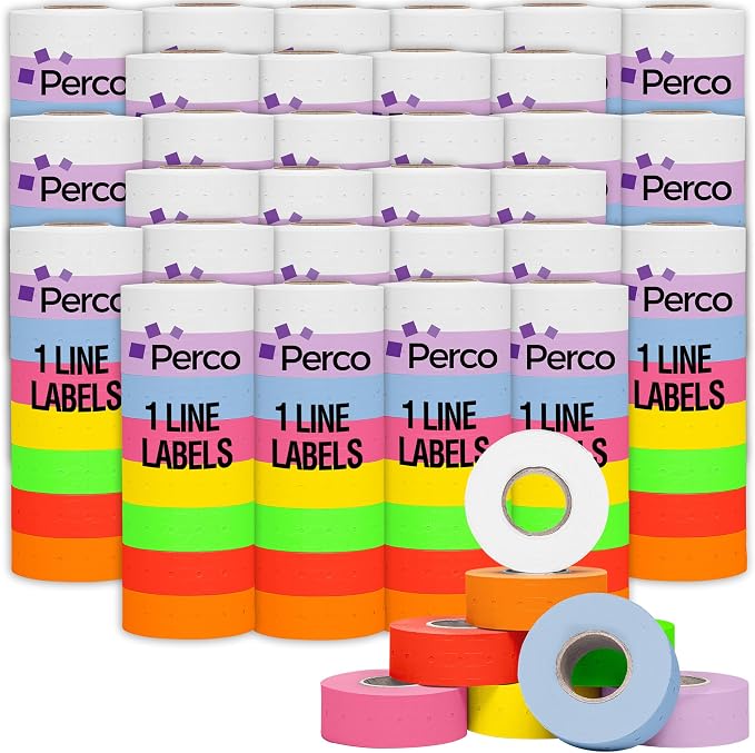 Perco 1 Line Multicolored Sleeve—240,000 Labels for Perco Lite, X, Plus & Pro Guns—Includes White, Yellow, Blue, Lavender & Fluorescent Colors (Red, Green,Pink, Orange)—240 Rolls, 30 Sleeves—USA Made