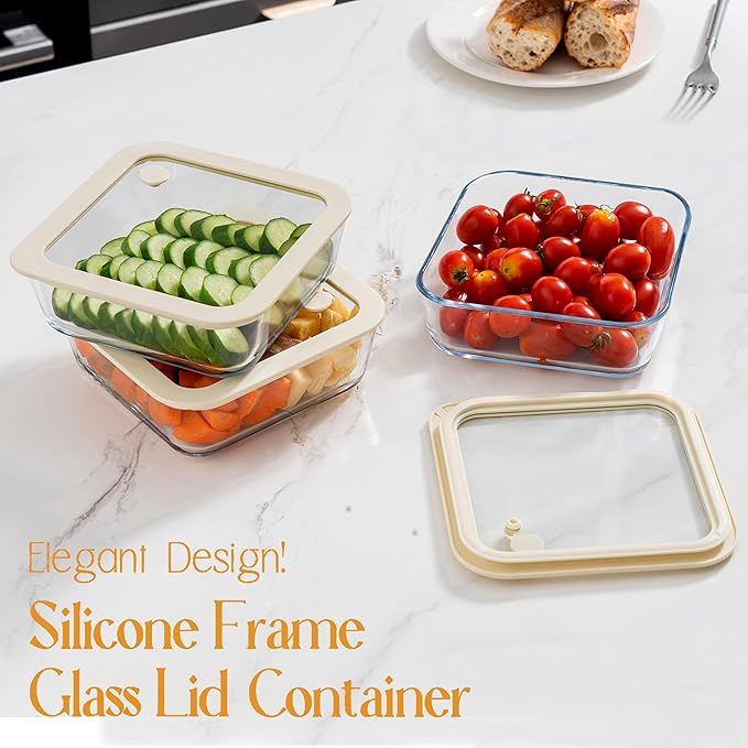 Glass Food Container Set with Glass Lid, 3 Pack, Food Storage Containers Set, Airtight, LeakProof, 100% Plastic Free, Meal Prep Containers (White Color)