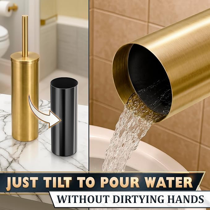 Gold Toilet Brush and Holder Set - Stainless Steel Gold Toilet Bowl Brush and Holder with Replaceable Head, Removable Inner Bowl, and Splash Guard - Dense Bristles for Thorough Cleaning
