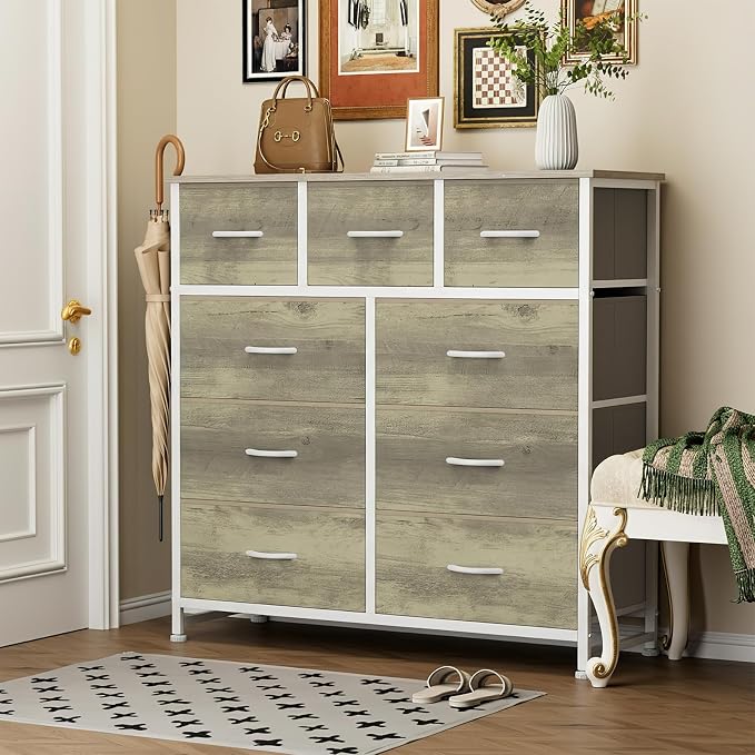 Sweetcrispy 9 Drawer Fabric Dresser Storage Tower with Wood Top and Steel Frame, Organizer Chest with Easy Pull Handles for Bedroom, Closet, Hallway,Oak Greige