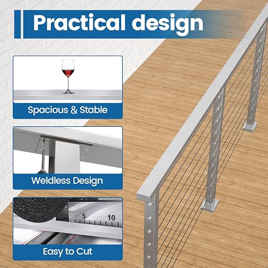 Muzata 6'6" Stainless Steel Handrail Brushed Rectangular Handrail Top Rail Cable Railing System Deck Stair Indoor Outdoor, HT10 SL4