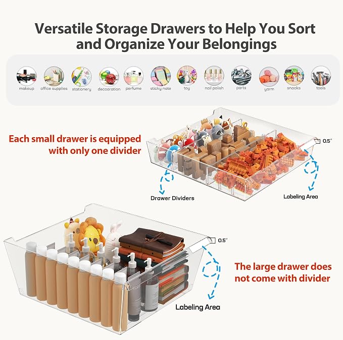 WOPITUES Mobile Storage Cabinet with 15 Clear Drawers, Craft Cabinet with 5 Large Drawers, Cart with Wooden Tabletop, Printer Stand Home Office, Dresser Chest, Modern White