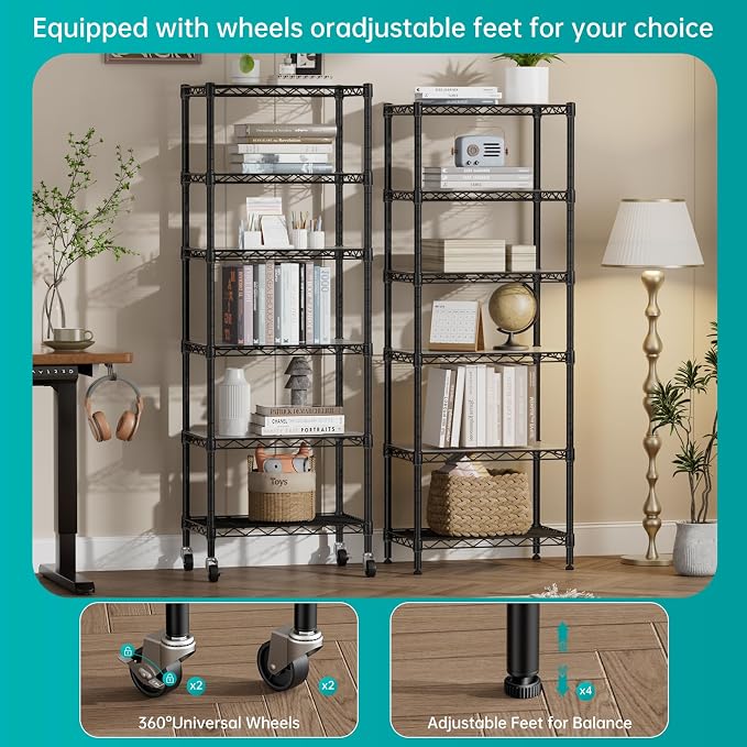 SINGAYE 6 Shelves Storage Shelf Wire Shelving Unit Metal Adjustable Wheels | Small Shelf Storage with Wheels Organizers Closet Unit for Bathroom Laundry Room Kitchen Pantry11.5D x 17.5W x 61.5H Black
