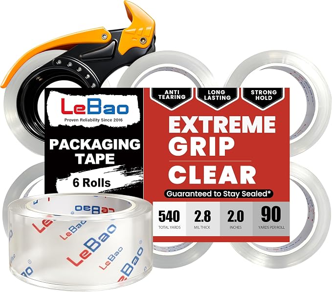 Heavy Duty Packing Tape with Dispenser, 6 Rolls Clear Shipping Tape 2 Inch x 90 Yards x 2.8 Mil Thickness, Strong Adhesive for Moving Boxes & Packages Supplies