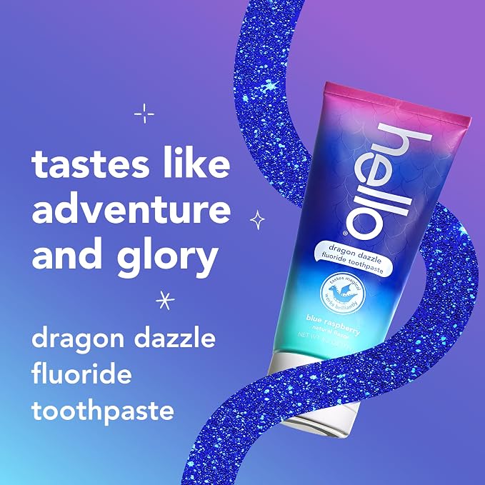 Hello Dragon Dazzle Blue Raspberry Kids Toothpaste, Fluoride Toothpaste, Ages 2+, No Artificial Sweeteners, No SLS, Gluten Free, Vegan, Pack of 12, 4.2 OZ Tubes