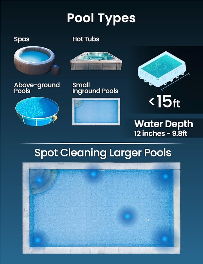 KOKIDO Cordless Handheld Pool Vacuum for Above Ground Pool, with 6ft Pole and 2 Vac Brush Heads, Ideal for Spot Cleaning Small Inground Pool Spa up to 20ft, Rechargeable, 60min, Sand and Light Debris