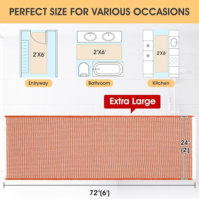 IM HOME Waffle Bath Mat Orange & Cream 6'x2', Boho Woven Modern Bath Mat Rugs, Absorbent Non Slip Bathroom Rugs, Soft Washable Bath Rugs with Tassels for Bathroom, Bedroom, Kitchen, Shower, Tub