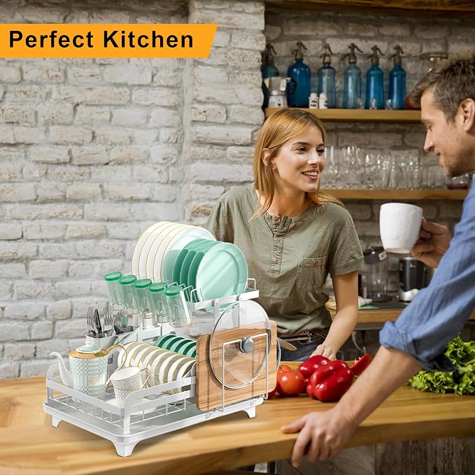 2 Tier Dish Drying Rack without Installation Metal for Kitchen Counter | for 1-3 People with Drain Board Multifunctional Storage and Drainage Apartment Essentials