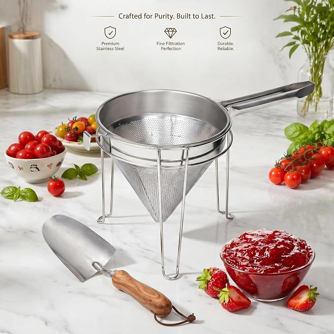 8 inch Stainless Steel Chinois Strainer with Stand, Fine Mesh China Cap Strainer with handle and Pestle for Tomato, Fruit,Soup and Jam Making.