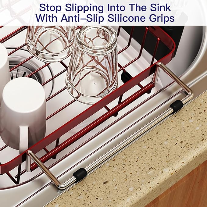Red Dish Drying Rack Over The Sink with Utensil Holder | Expandable Stainless Steel Dish Drainer for Small Kitchen, Apartment, RV, Counter Space Saving, Perfect Fit, Rustproof
