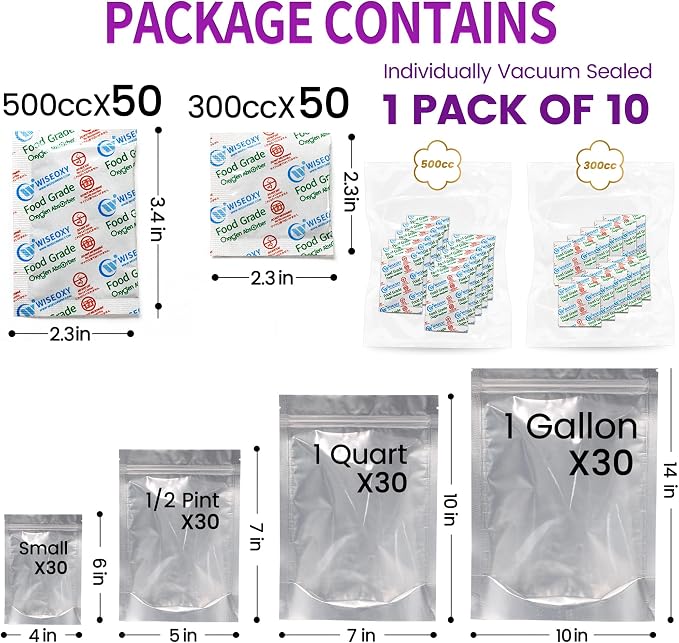 Wisesorb 120pcs Mylar Bags for Food Storage with Oxygen Absorbers 300cc 500cc (50 Packs Each), Resealable Pouches 4 Sizes Mix Bundle 30 Each (10x14, 7x10, 5x7, 4x6 Inches), Stand Up with Clear Window