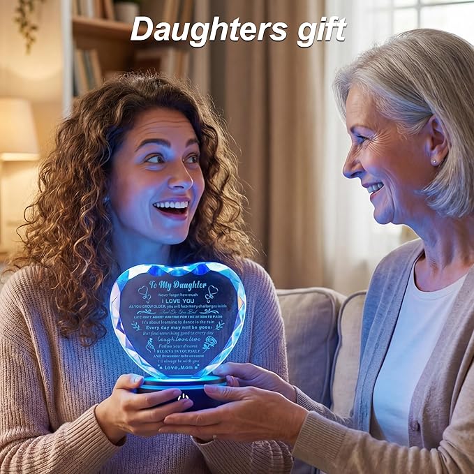 Daughter Gifts from Mom Dad Unique Glass Heart Shaped Keepsake, Birthday Gifts for Daughter Adult with Colorful Light Base, Present to My Daughter on Wedding Mothers Day Graduation