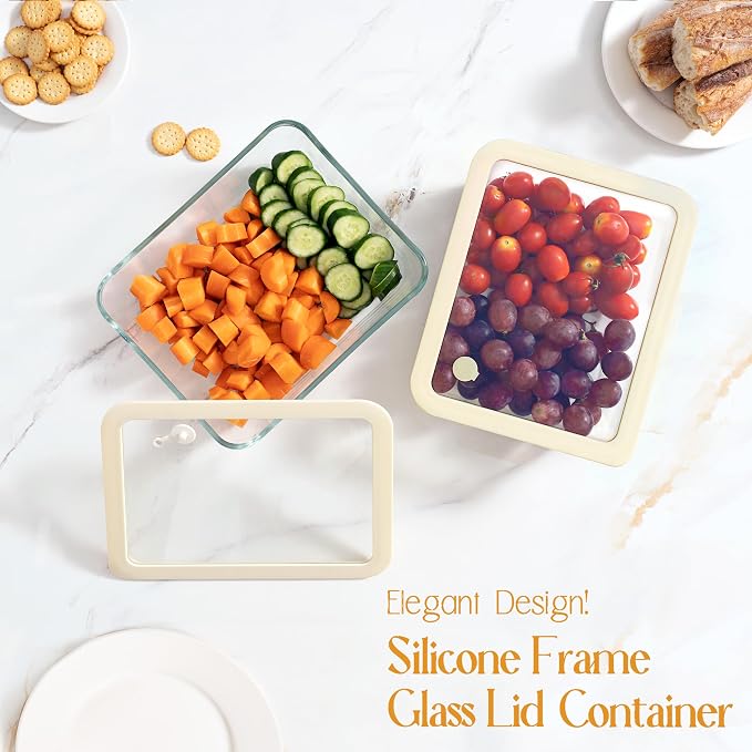 Glass Food Container Set with Glass Lid, Large Meal Prep Container Set, Airtight Food Storage Containers with Air Vent Lid, 2 Pack, Large, 87oz, LeakProof, 100% Plastic Free, White color,