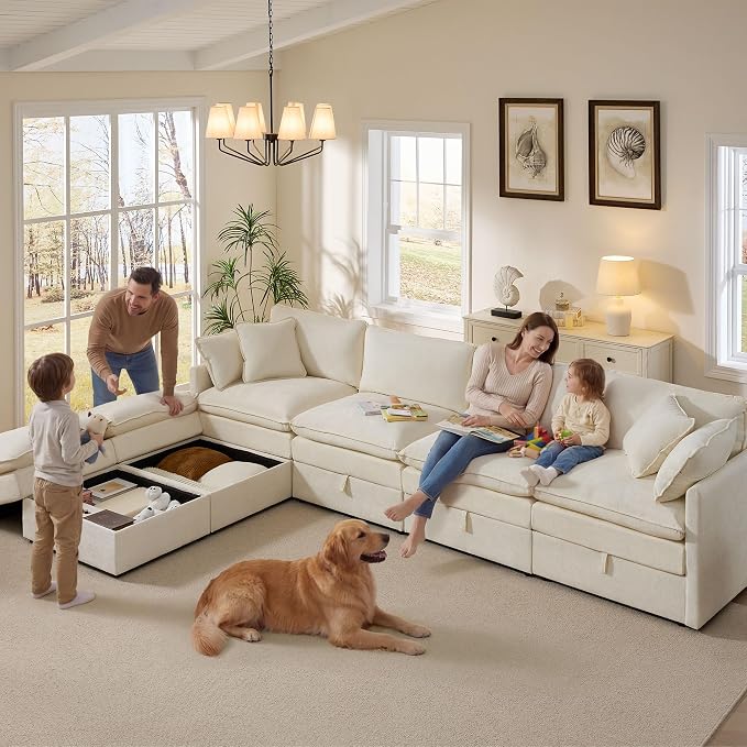 Ihanherry 135” Modular Sectional Sofa with Storage, U Shaped Cloud Couch with Movable Ottomans & 4 Pillows, Chenille Deep Seat Sectional Couches for Living Room, Apartment (Beige)