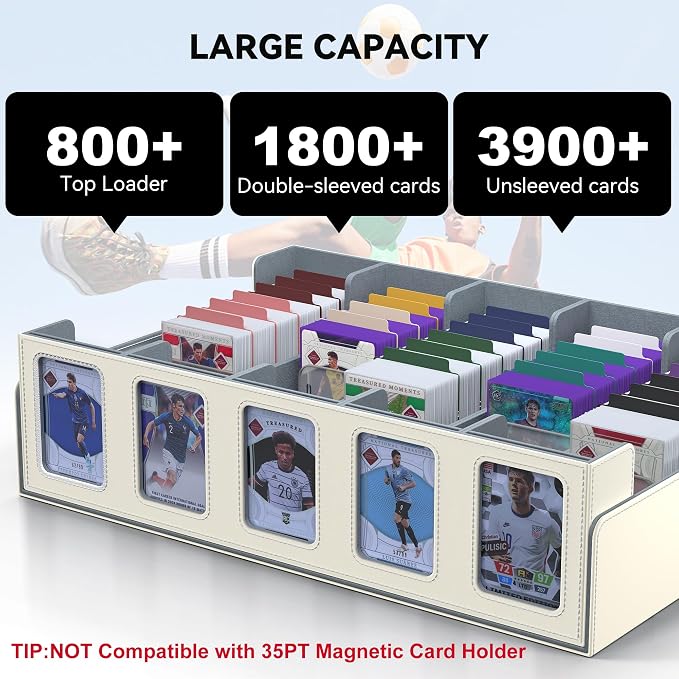 Kabinka Soccer Card Storage Box with Window Display, 5-Row Sport Card Storage Box, 3900+ Card Deck Box for Soccer Sports Card TCG, 5 Top Loaders, 5 Stoppers, 48 Dividers, 1 Dice Tray (Soccer 2)