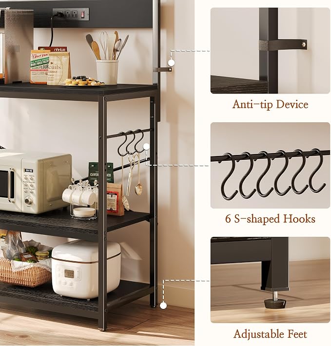 SUPERJARE Bakers Rack with Power Outlets, Microwave Stand, 39.4 X 14.3 Inch Larger Desktop, Kitchen Storage Rack with Adjustable Middle Shelf, 6 S-Shaped Hooks, Coffee Bar Stand, Black