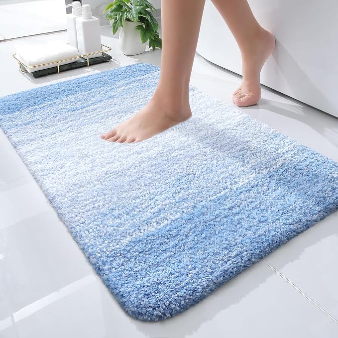 OLANLY Small Bathroom Rugs Mat 24x16, Extra Soft Absorbent Microfiber Bath Rugs, Rubber Backing, Quick Dry, Washable Bath Mats for Bathroom Floor, Tub and Shower, Home Decor Accessories, Light Blue