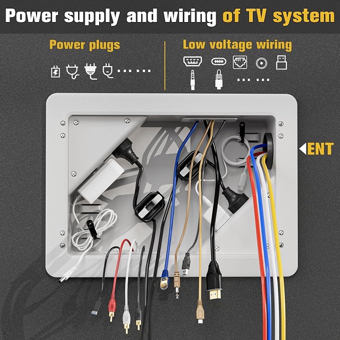 in-Wall TV Box with Flange for Home Theater Installation, Cord Hider for Wall Mounted TV, with 2 Duplex Outlets, Cable Bracket, LV Cable & 1-1/2" ENT Entrance, Ideal for New or Retrofit Job, 2 Pack