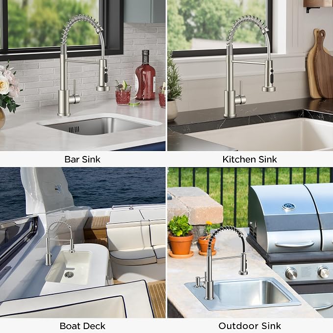 FORIOUS Kitchen Faucets with Sprayer, Brushed Nickel Stainless Steel Sink Faucet Single Handle with Deck Plate, Commercial Classic Spring Faucet for Kitchen Sink, Bar & Prep Sinks, Laundry RV Camper