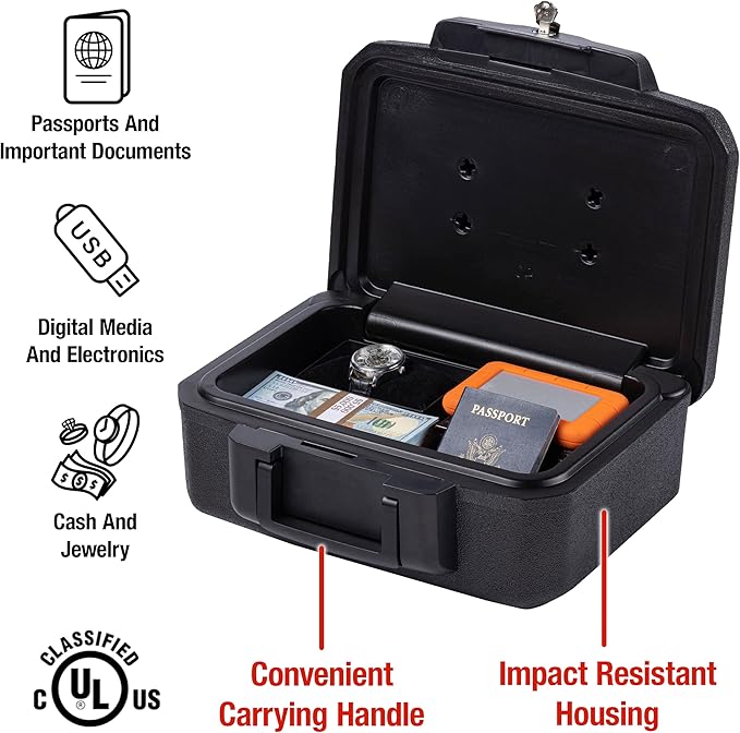 SentrySafe Fireproof Money Safe with Key Lock, Black Lock Box with Portable Carrying Handle for Travel, Exterior: 14.3 in. W x 11.2 in. D x 6.1 in H, 1200