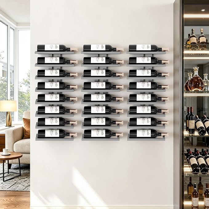 Hoctieon 3-Set 8 Tier Wall Mount Wine Rack (24 Tiers), Wall Racks for Wine Bottles Display and Storage, Hanging Bottle Organizer for Living Room, Dining Room, Wine Cellar, Bar, Grey