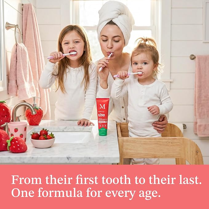 Mouthology Hydroxyapatite Kids Toothpaste Fluoride Free with Xylitol, Non Toxic Fluoride Free Toothpaste for Kids, All Ages (1-3), (3-6) & (6-12) Strawberry, 4oz